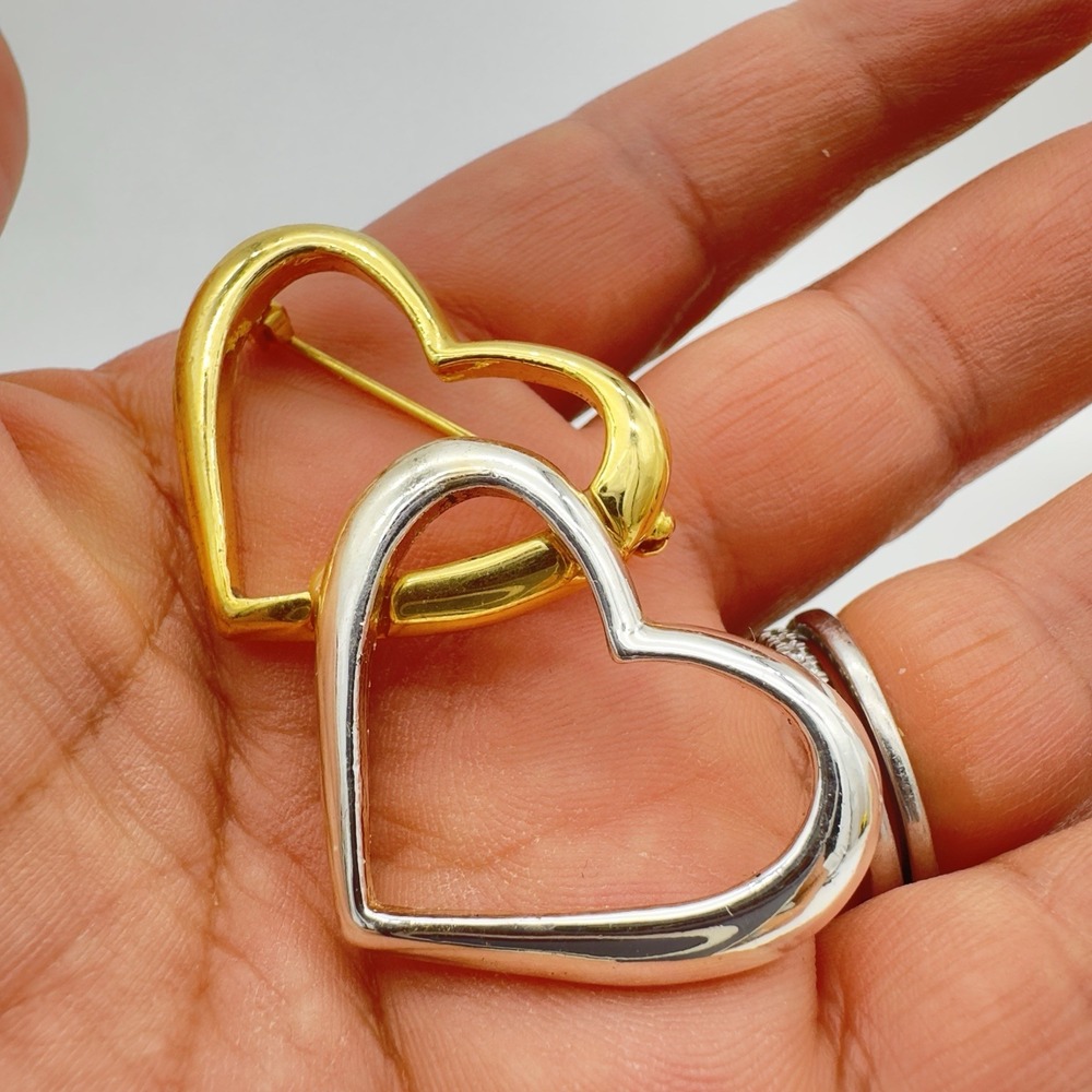 Danecraft Signed Heart Brooch Pin Two Tone Double Open Silver and Gold Tone Mint
